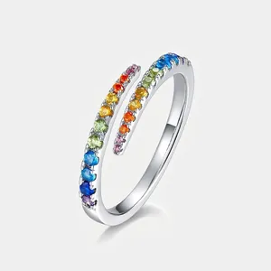 S925 Sterling Silver Rainbow Zirconia Open Ring Adjustable Colorful Gradient Geometric Bypass Fashion Jewelry For Women