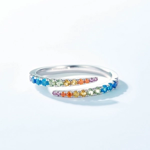 Minimalist S925 sterling silver open ring featuring rainbow gradient micro-pave gemstones
