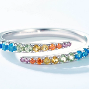 Elegant S925 sterling silver open ring with colorful rainbow gradient gemstones