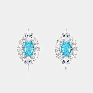 925 Sterling Silver Light Blue Zirconia Stud Earrings Vintage Oval Cluster Inlaid Cubic Zirconia Jewelry For Women Gift