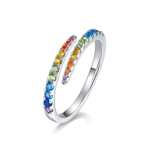Rainbow zirconia S925 silver open ring featuring a spiral design with colorful stones