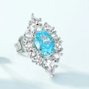 Sky blue oval carbon diamond stud earrings in S925 sterling silver with cluster zircon