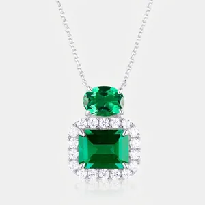 Collier Pendentif en Argent Sterling 925 avec Émeraude de Laboratoire pour Femme Taille Émeraude Zirconia Vert Halo Bijoux