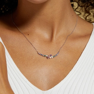 Close-up of S925 silver rainbow bubble necklace with colorful gemstones on a model's collarbone