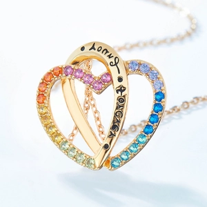 Rainbow zirconia heart pendant necklace in S925 silver with gold finish and gradient gems