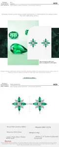 Macro detail of S925 silver clover earrings with marquise emerald and cubic zirconia