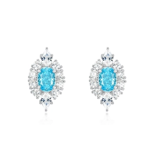 Sparkling S925 silver stud earrings featuring oval light blue stones and white zircon halos