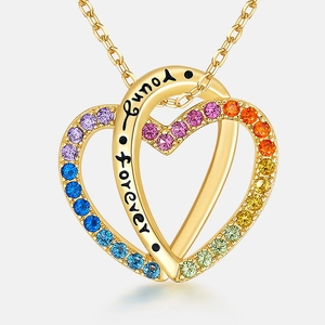 Interlocking double heart necklace with rainbow gemstones and Forever Young engraving