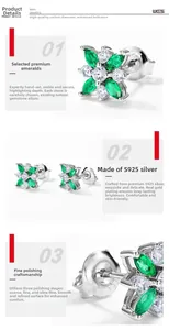 Detailed macro view of S925 silver clover studs with emerald and high-carbon diamonds