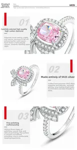 Viste dettagliate dell'anello a fiocco in argento S925 con diamante rosa a cuscino