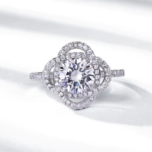 Elegante anello di fidanzamento in moissanite e argento S925 con doppio alone floreale