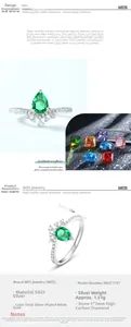 Macro shot of crown-shaped S925 silver ring with 5x7mm pear-cut emerald gemstone
