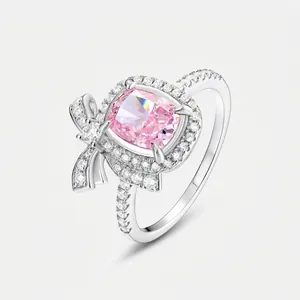 Anello in Argento Sterling 925 con Fiocco Pietra Rosa per Donna Elegante Lusso Intarsiato Strass Halo Cushion Cut Gioielli