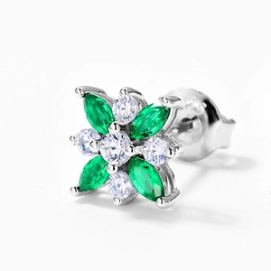 S925 silver four-leaf clover stud earrings with emerald green marquise gemstones