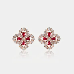 S925 Sterling Silver Four Leaf Clover Stud Earrings Women Lab Grown Ruby Rhinestone Flower Earrings Fashion Jewelry Gift