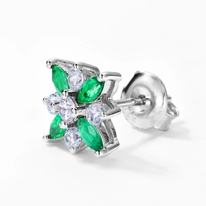 S925 sterling silver four-leaf clover stud earrings with green emerald gemstones