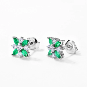 S925 sterling silver four-leaf clover stud earrings with lab-grown emerald and diamonds
