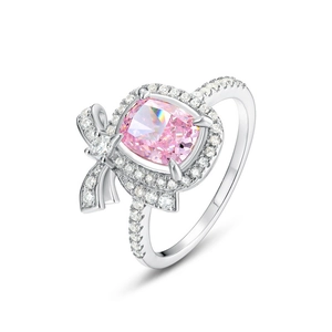Elegante anello con fiocco in argento S925 con diamante rosa taglio ghiaccio e halo