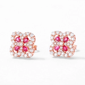 Elegant S925 silver rose gold clover earrings with red gems and sparkling zircon halo