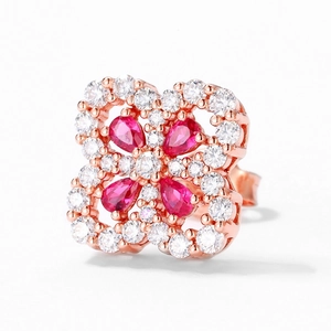 S925 silver four-leaf petal earrings with ruby center and pavé diamond halo in rose gold