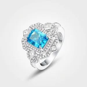 Luxury 925 Sterling Silver Ring For Women Light Sea Blue Rectangular Zirconia Inlaid Vintage Geometric Fashion Finger Ring Jewelry