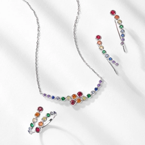 S925 silver rainbow gemstone jewelry set with necklace, open ring, and ear climbers