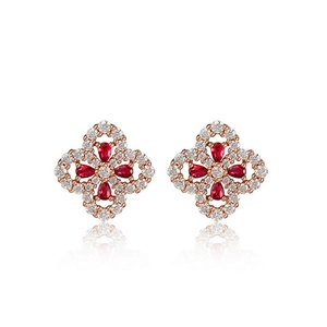 S925 silver flower stud earrings with red heart gems and pavé diamond accents