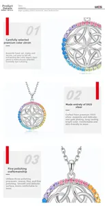 Detail of S925 silver necklace with rainbow cubic zirconia floral pendant in macro view