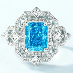Luxurious S925 silver ring with rectangle light blue diamond and Art Deco halo setting