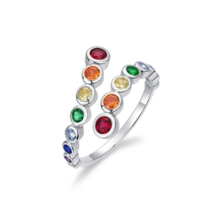 Minimalist S925 silver bypass ring with colorful rainbow cubic zirconia bezel set