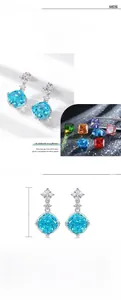 Detailed view of square blue carbon diamond earrings with S925 silver prong setting