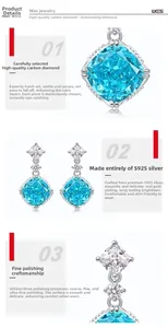 Macro view of S925 silver jewelry set with ice-cut blue carbon diamonds and claw setting