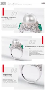 Close-up of S925 silver ring with white shell pearl and emerald-green side stones