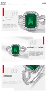 Macro details of emerald-cut green stone ring with S925 silver pave setting