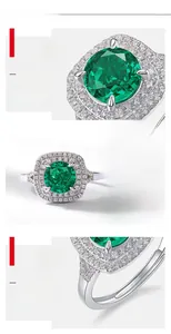 Detail view of S925 silver emerald cut green gemstone ring with double halo setting