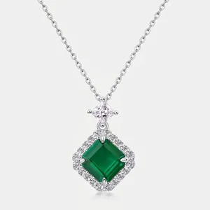 Pendentif Émeraude de Laboratoire Carré en Argent Sterling 925 Vintage Femme Bijoux Incrustés de Zirconia Sans Chaîne