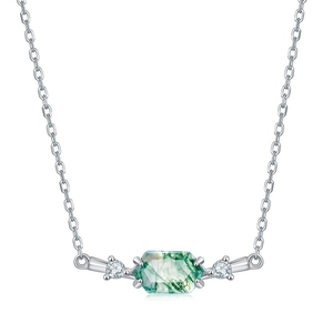S925 silver necklace with rectangular green moss agate pendant and side zircon accents