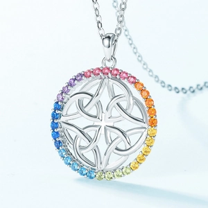Rainbow gemstone S925 silver necklace with interlocking Celtic knot circle pendant