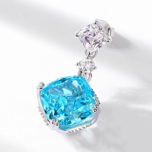 S925 silver earring with square sea blue crystal and clear zircons in 4-claw setting