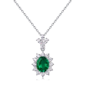 Retro S925 silver sunflower pendant with oval green emerald and zircon halo on silver chain