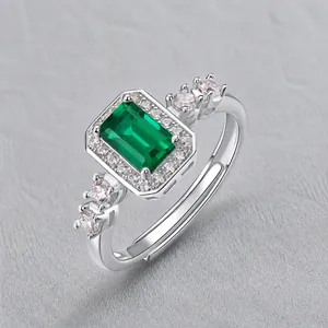 925 Sterlingsilber Zuchtsmaragd Ring Für Damen Vintage Rechteck Grüner Edelstein Ring Mit Strass Verstellbarer Offener Ring Luxus Schmuck Geschenk
