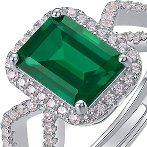 Elegant S925 silver ring featuring a large emerald cut green gemstone with micro-pavé halo