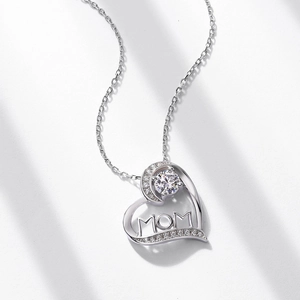 S925 silver heart necklace with MOM lettering and sparkling gemstone pendant