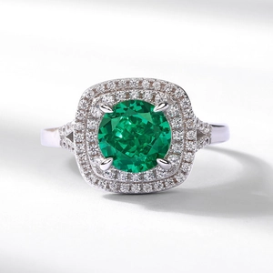 Vintage emerald-cut stone ring in S925 sterling silver with double diamond halo accents