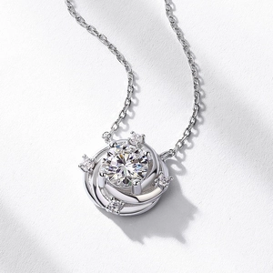 Elegant S925 silver moissanite necklace featuring a spiral pendant with a round main stone