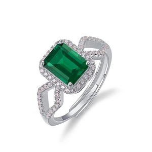 Octagon emerald cut green gemstone ring in S925 silver with micropave zircon details