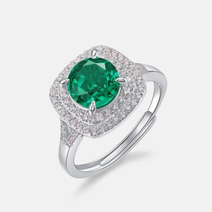 Elegant emerald green double halo ring in S925 sterling silver with sparkling stones
