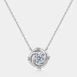 925 Sterling Silver Moissanite Pendant Necklace For Women Round Swirl Geometric Design D Color 1ct Diamond Clavicle Chain