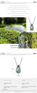Macro shot of S925 silver pear cut moss agate necklace showing stone texture and dimensions