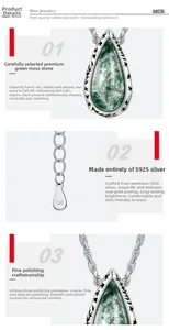 Detailed macro view of S925 sterling silver hallmark and green moss agate teardrop pendant